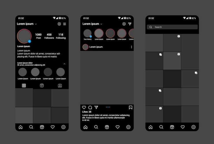 Vettore modello di interfaccia scura del profilo instagram.