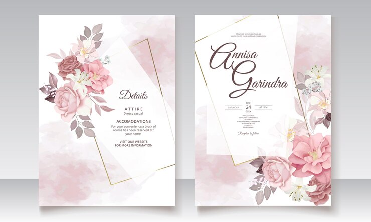Modello di invito a nozze marrone con cornice floreale Vettore Premium