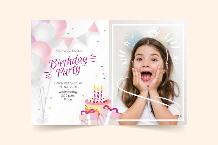 Vettore modello di invito di compleanno per bambini con foto