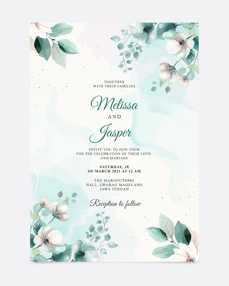 Vettore modello di invito di matrimonio e menu con bellissimi fiori ad acquerello