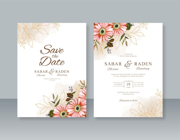 Modello di invito di matrimonio minimalista con pittura ad acquerello floreale