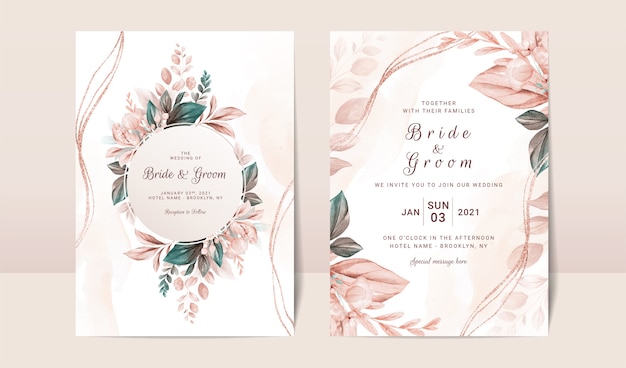 Modello di invito matrimonio floreale con decorazione elegante foglie marroni