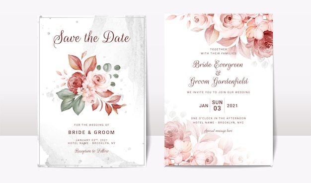 Modello di invito matrimonio floreale con decorazioni di fiori e foglie di rose. Concetto di design della carta botanica