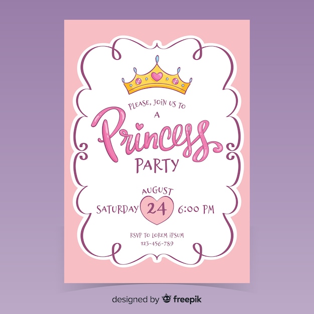 Modello di invito partito principessa disegnato a mano