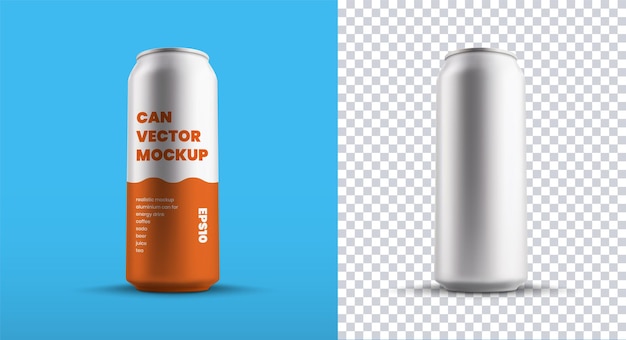 Modello di lattina grande vettoriale per bevande o acqua, isolato su sfondo, set di contenitori in alluminio con succo o birra. Bottiglia di carbonato mockup con design arancione per la presentazione del logo o del modello