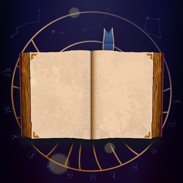 Modello di libro Libro aperto con pagine vuote e pulite segnalibro Constellazione sullo sfondo e numeri romani astrolabio Antico tomo libro magico folio Libro grosso spesso Illustrazione a cartoni animati vettoriale