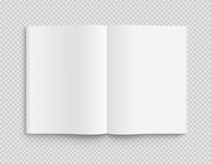 Vettore modello di libro, rivista e taccuino aperto vuoto con ombre morbide su trasparente