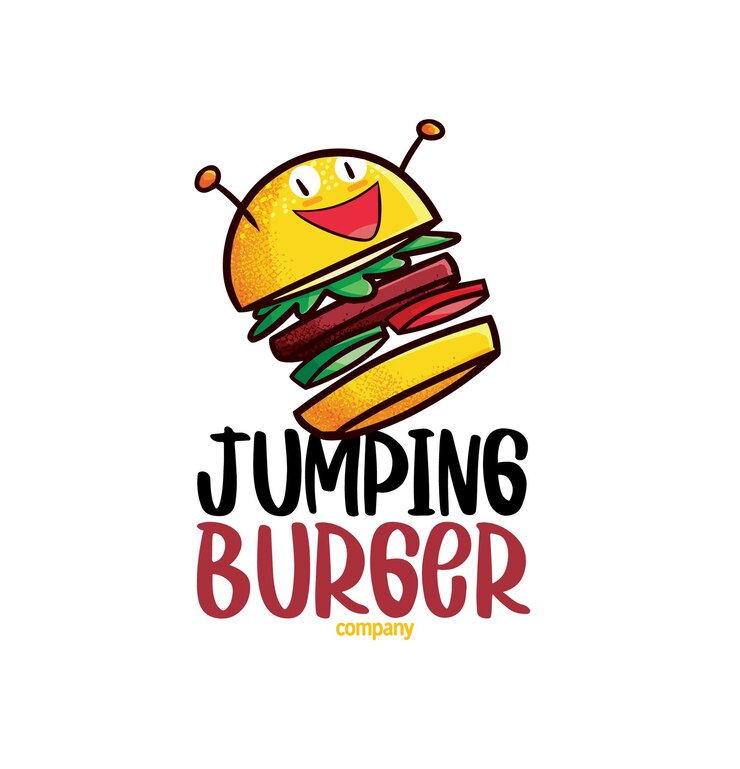 Modello di logo aziendale divertente hamburger di salto