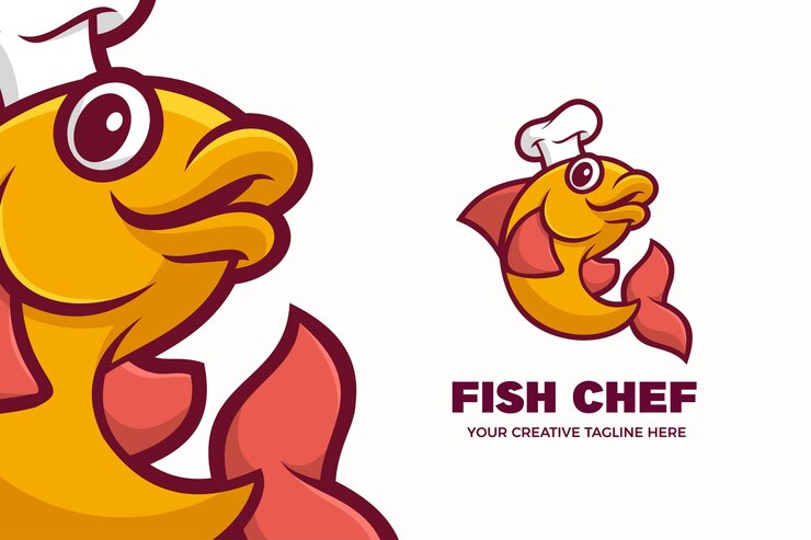 Modello di logo del personaggio mascotte di pesce fresco chef di pesce
