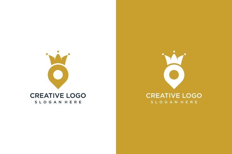 modello di logo design pin e corona e design del biglietto da visita