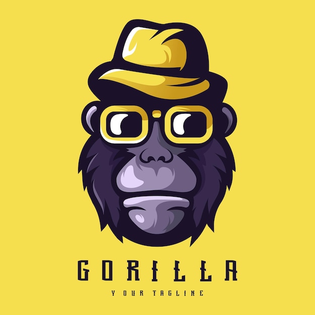 Modello di logo di gorilla, gorilla moderno con cappello e occhiali da sole