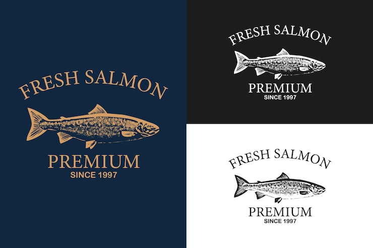 Modello di logo di salmone. Pesce logo vettoriale. Concetto di logo di pesce fresco. Vettore di logo di frutti di mare animali.