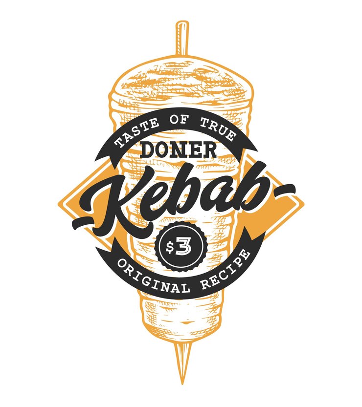 Vettore modello di logo emblema retrò di doner kebab con testo nero e schizzo di spiedo di kebab giallo