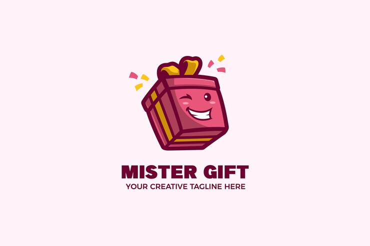 Modello di logo mascotte cartone animato scatola regalo felice