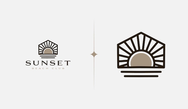 Modello di logo monoline dell'onda del tramonto Simbolo del premio creativo universale Illustrazione vettoriale