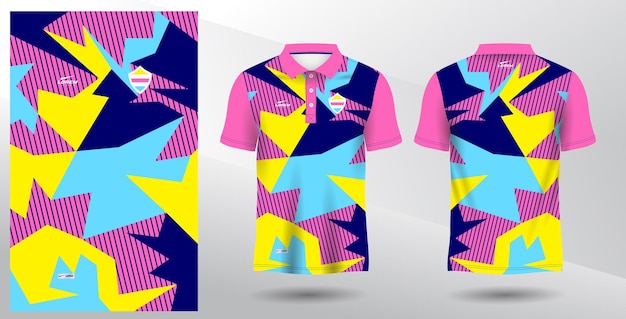 modello di maglia di sublimazione sportiva di polo blu rosa e giallo colorato