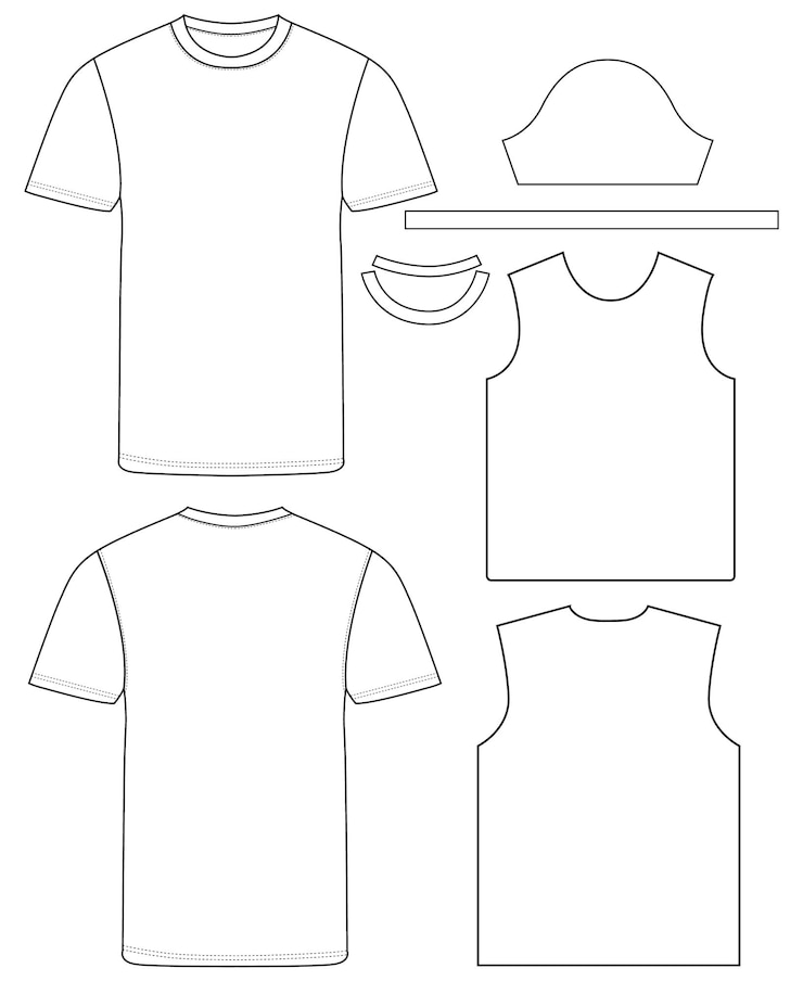 Vettore modello di maglietta e layout di costruzione per la progettazione e la cucitura di abbigliamento