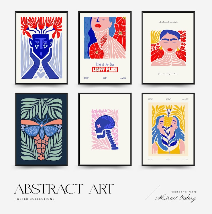 Vettore modello di manifesti d'arte astratta moderno stile minimal matisse alla moda colori rosa blu giallo
