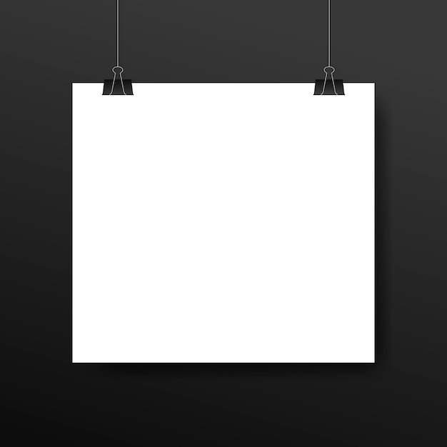 Modello di manifesto bianco vuoto. Affiche, foglio di carta appeso a una clip. Esposizione dello stand di mockup di banner pubblicitari di vettore.