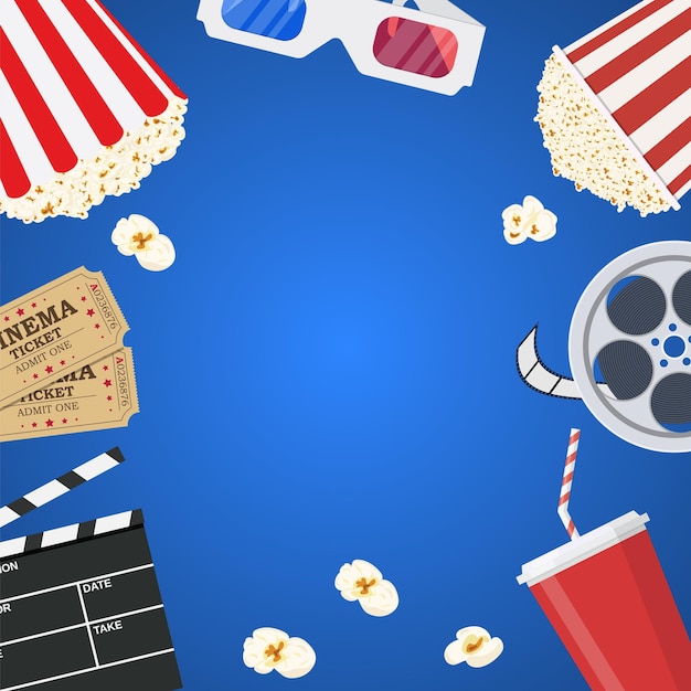 Modello di manifesto del film. Popcorn, soda da asporto, occhiali da cinema 3d, bobina di film e biglietti. Progettazione cinematografica. Illustrazione vettoriale in stile piatto