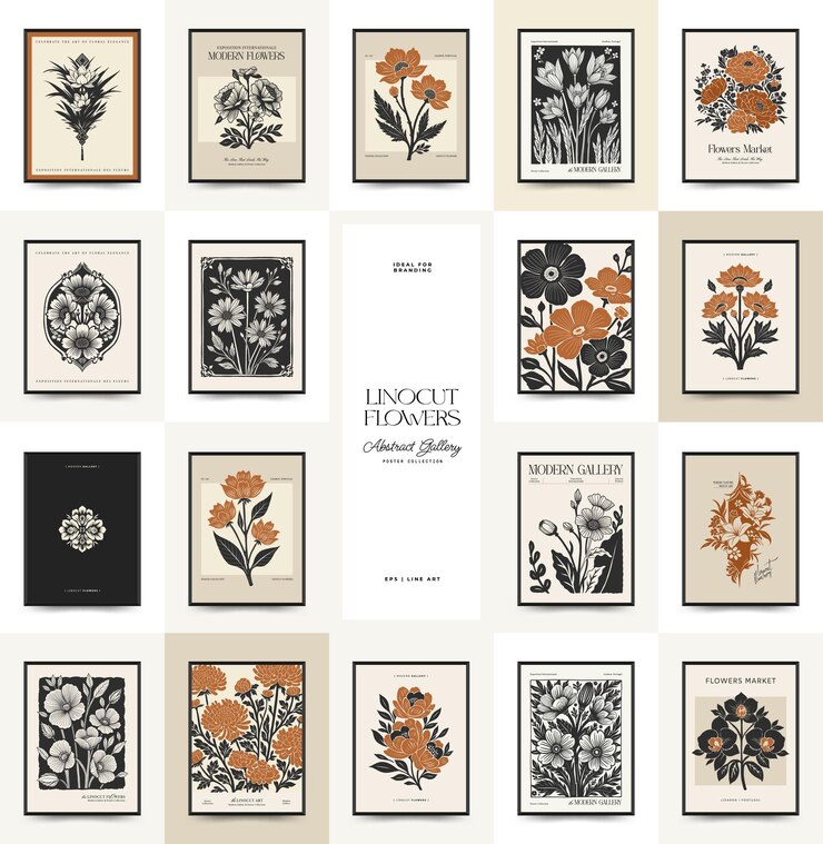 Vettore modello di manifesto floreale a taglio di lino astratto moderno stile minimal di tendenza colori bianchi e neri stampa botanica disegno disegnato a mano per carta da parati decorazione murale stampa di copertina per cartoline postali
