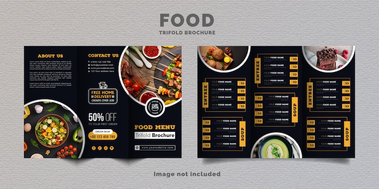 Vettore modello di menu brochure a tre ante cibo. brochure di menu fast food per ristorante con colore giallo e blu scuro.