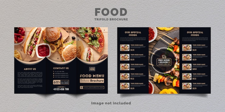 Vettore modello di menu brochure a tre ante cibo. brochure di menu fast food per ristorante di colore blu scuro.