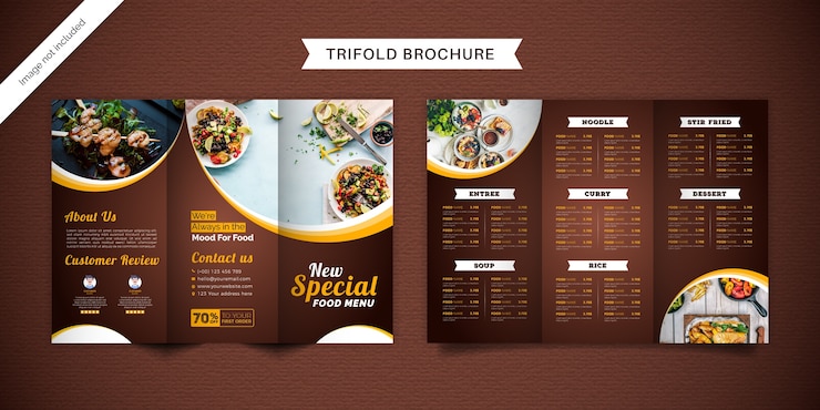 Vettore modello di menu brochure a tre ante cibo.