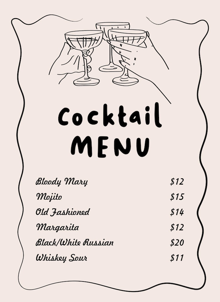 Vettore modello di menu cocktail in stile classico