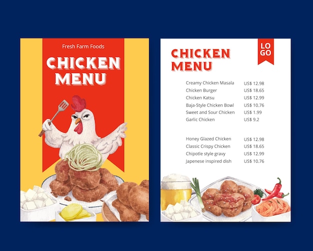Modello di menu con concetto di cibo da fattoria di pollo in stile acquerello