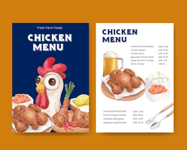 Modello di menu con concetto di cibo da fattoria di pollo in stile acquerello