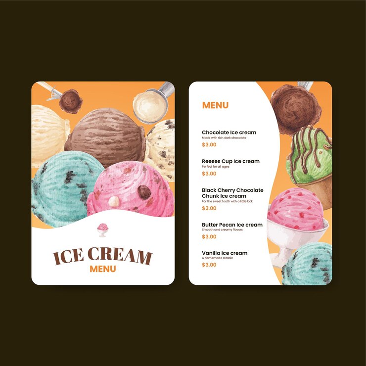 Modello di menu con concetto di sapore di gelato, stile acquerello