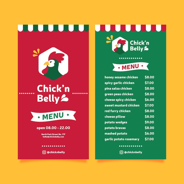 Modello di menu del ristorante con pollo