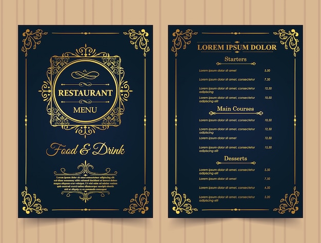 modello di menu del ristorante in oro.