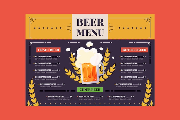 Modello di menu della birra dal design piatto