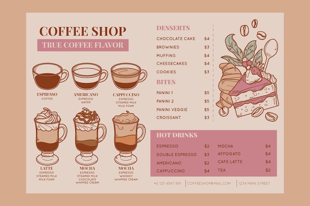 Modello di menu della caffetteria disegnato a mano