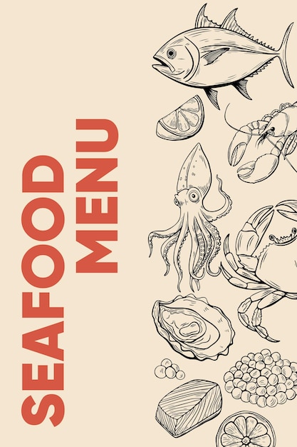 modello di menu di frutti di mare disegnato a mano con elementi di pesce e oceano