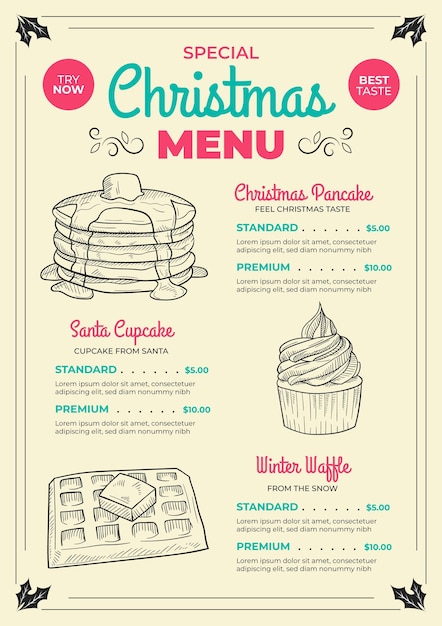 Modello di menu di natale disegnato a mano