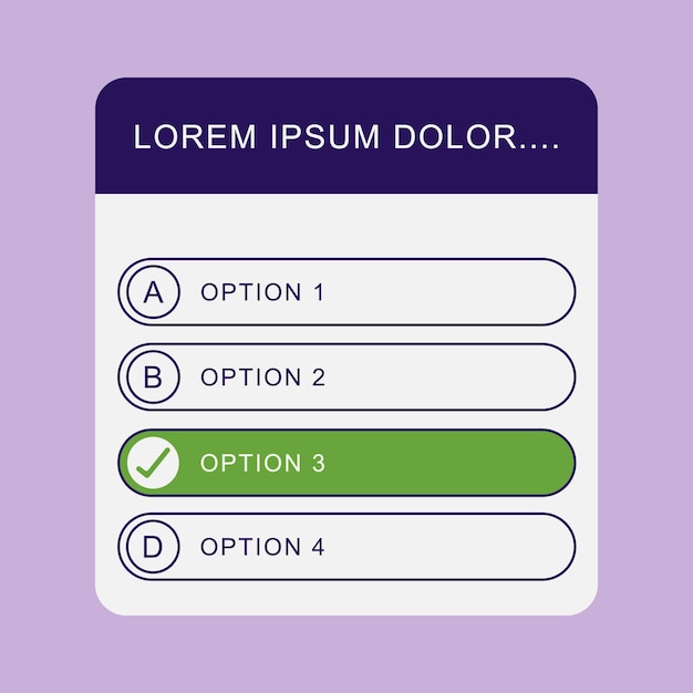 Modello di menu di prova del quiz per il gioco di programmi TV o social media. Illustrazione vettoriale.