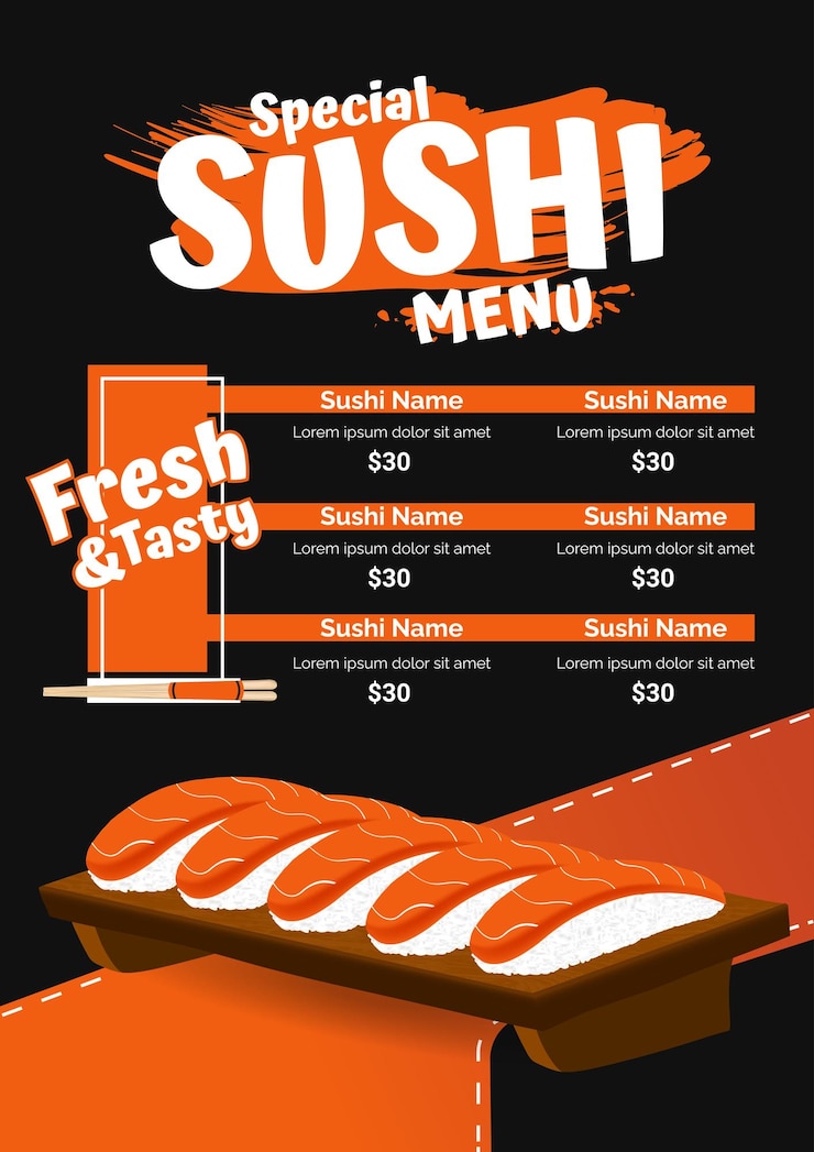 Vettore modello di menu di rotoli di sushi disegnato a mano ristorante cibo asiatico