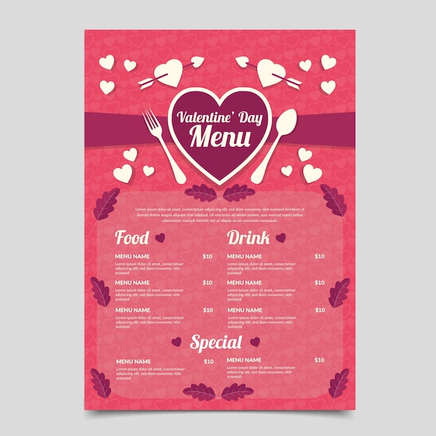Modello di menu di San Valentino design piatto