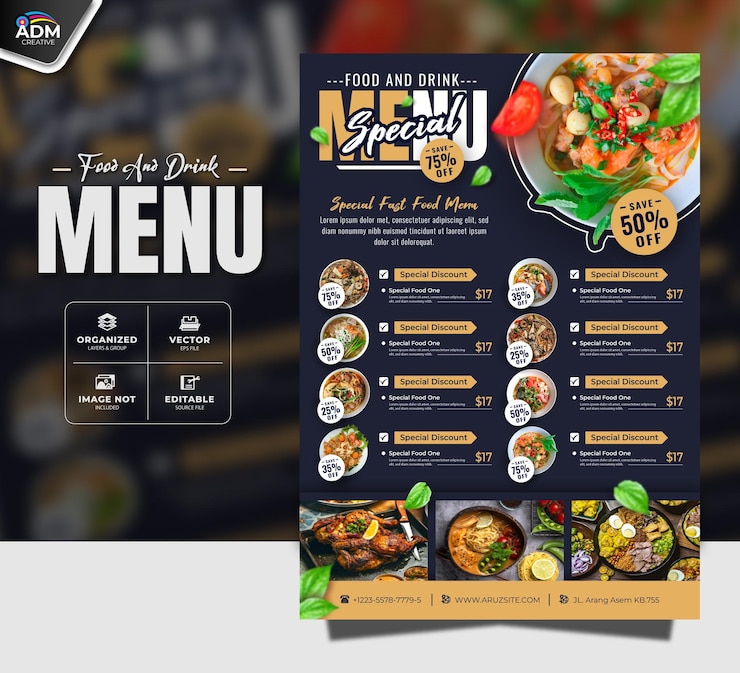 Vettore modello di menu di un ristorante di fast food e bevande