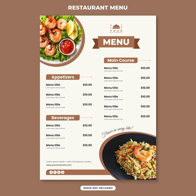 Modello di menu di un ristorante elegante con aperitivi, piatti principali e bevande