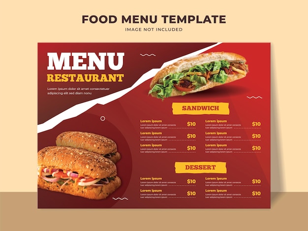 Modello di menu fast food con menu sandwich, dessert e altre voci di menu