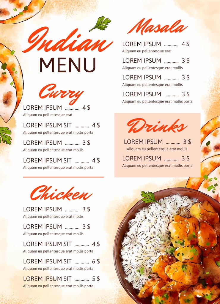 Vettore modello di menu indiano dell'acquerello