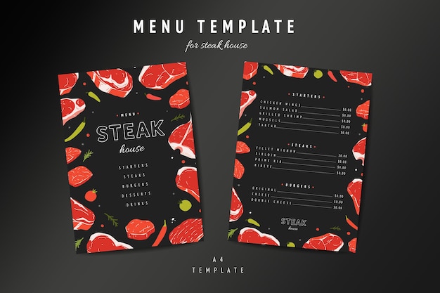 Modello di menu steakhouse con illustrazioni di carne