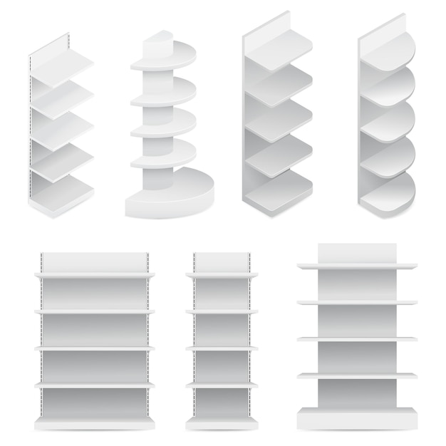 Modello di mockup di scaffali per supermercati e librerie bianche realistico D pronto per il tuo de
