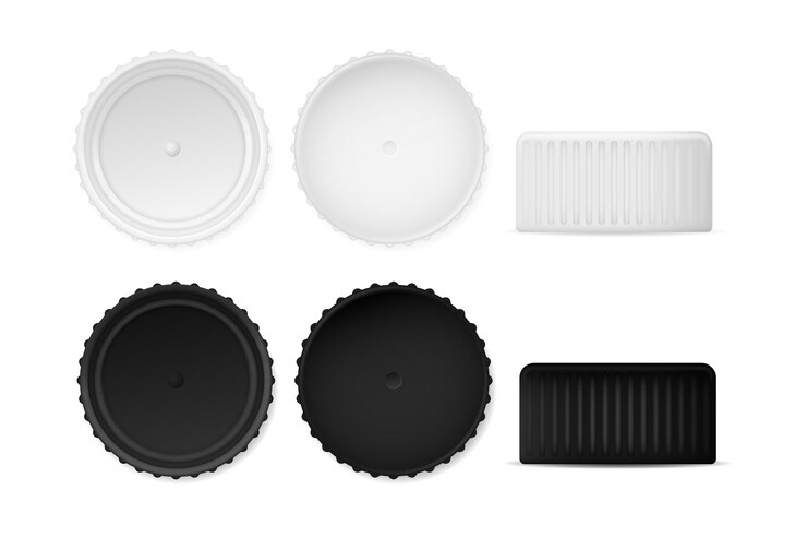 Vettore modello di mockup di tappi di bottiglia in bianco e nero. tappi seghettati in metallo e plastica