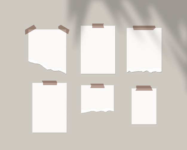 Modello di mood board. Fogli vuoti di carta bianca sul muro con sovrapposizione di ombre. isolato. Progettazione del modello. Illustrazione realistica.