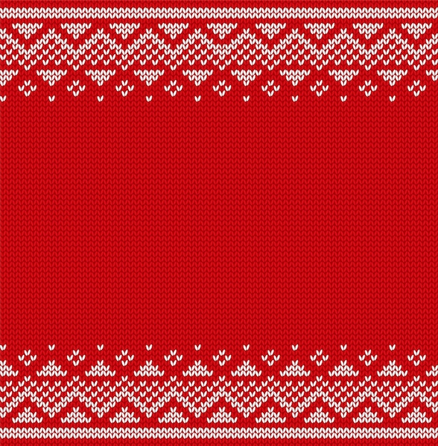 Modello di Natale. Maglia senza cuciture. Ornamenti di Natale. Maglione invernale lavorato a maglia. Anno nuovo sfondo rosso con posto per il testo.